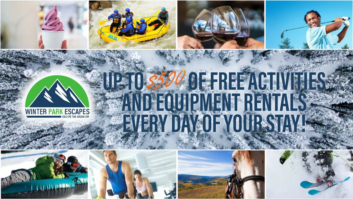 A vibrant collage-like scene displaying white-water rafting on rushing rapids, gourmet dining, golfing, winter sports like skiing, horseback riding, and families enjoying treats and fun together. The atmosphere is energetic and diverse, spotlighting both summer and winter adventure opportunities.