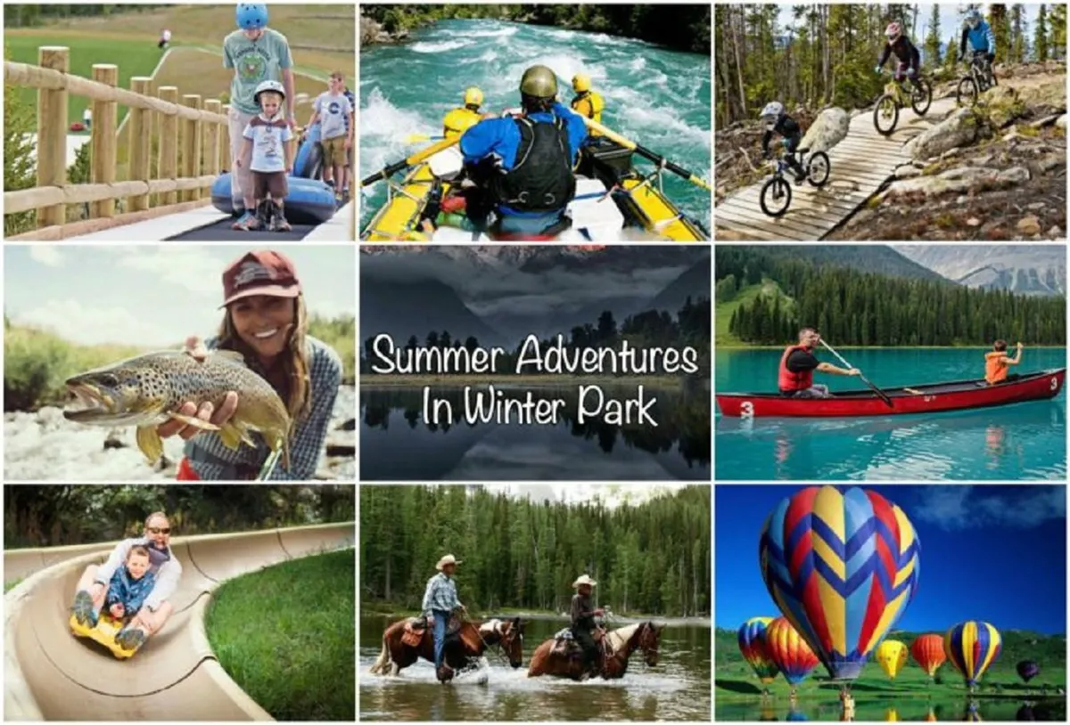 A joyful outdoor scene featuring families engaging in various activities, including kayaking on a river, children playing, people biking, and hot air balloons floating overhead. The setting is lively and vibrant, capturing the energy and adventure of summer.