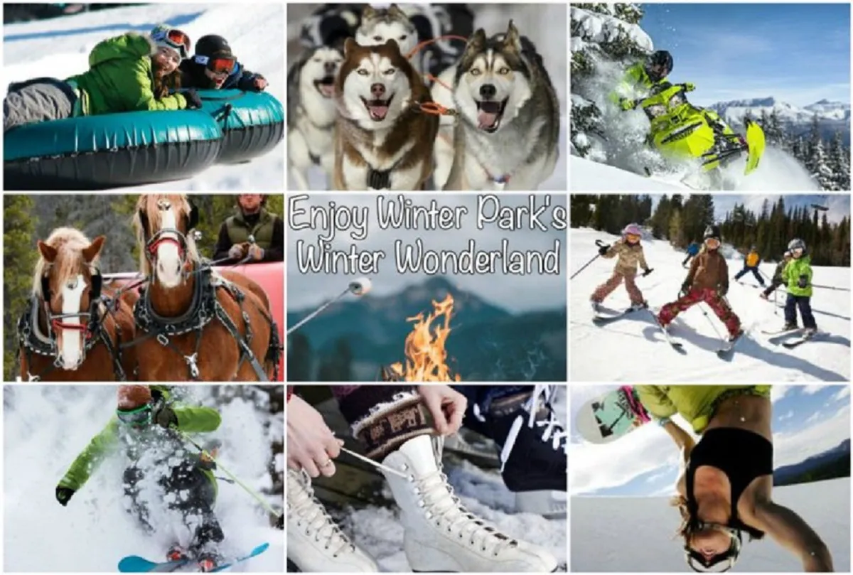 An exhilarating winter scene featuring guests partaking in snow tubing, riding with a sled dog team, snowmobiling, horse-drawn sleigh rides, skiing, snowboarding, ice skating, and children playing in the snow around a cozy campfire. The setting is lively and festive, showcasing a range of winter sports and group activities in a beautiful snowy landscape.