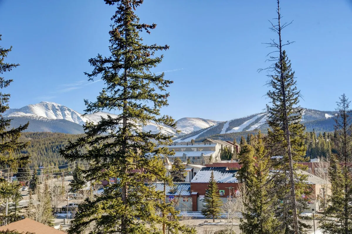 A wide view of snow-capped mountains, lush pine trees, and colorful buildings at the edge of a mountain town. The landscape suggests year-round outdoor adventure with scenic hiking trails, ski slopes, and a welcoming downtown area.